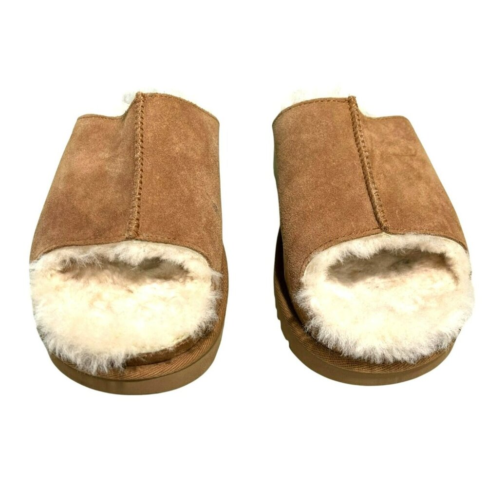 UGG Suede Greenport Shearling Open-Toe Shoes Slip On Slippers Sz 8 Chestnut New - Picture 3 of 8